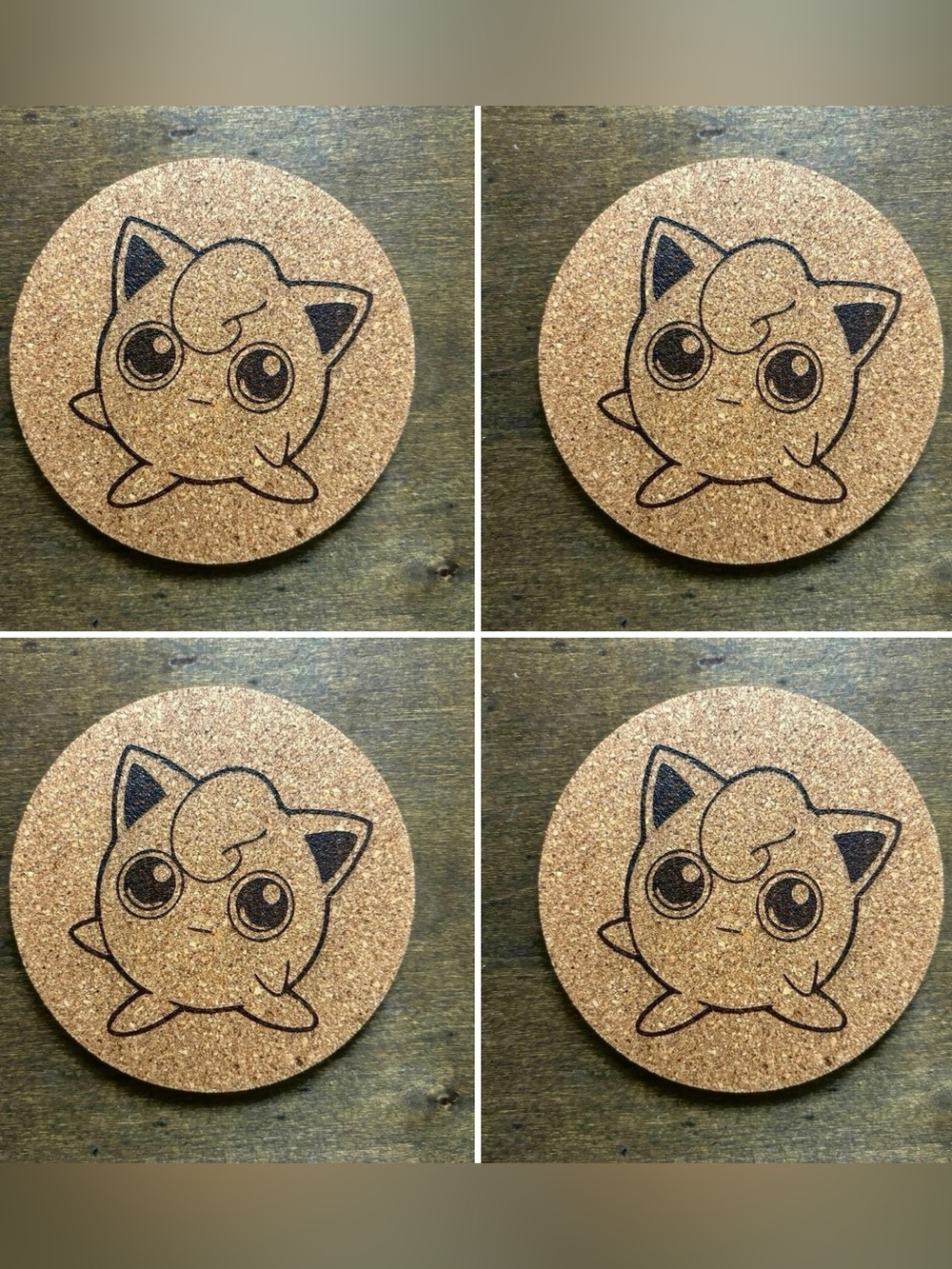 Pokemon Jigglypuff Laser Engraved Cork Coasters Lot of 4